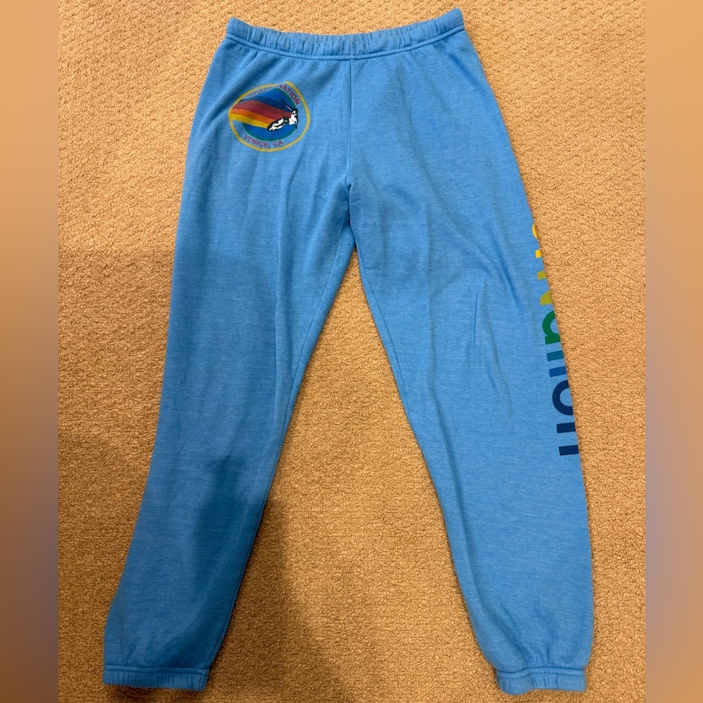 Aviator Nation Blue Sweatpants with Rainbow Logo Woman’s